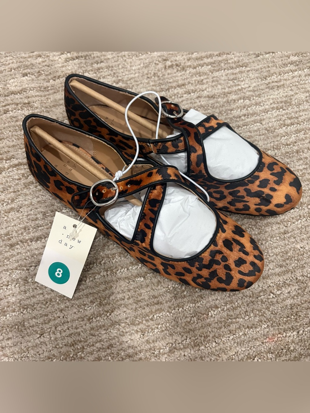 New In Box Brown Leopard Print Ballet Flats with Buckle Strap - Size 8